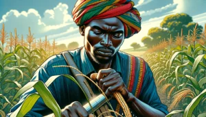 Mwapala Farm - Kenya A closeup, vivid, and detailed wide aspect illustration of farming in Africa, focusing on a specific scene. The image should capture a close3