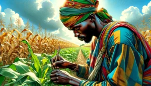 Mwapala Farm - Kenya A closeup, vivid, and detailed wide aspect illustration of farming in Africa, focusing on a specific scene. The image should capture a close3