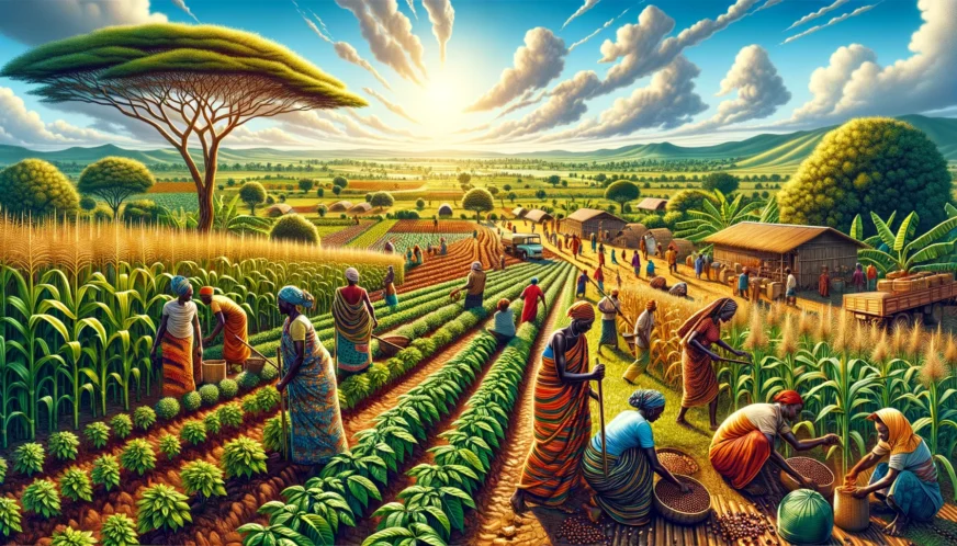 Mwapala Farm - Kenya A vivid and detailed illustration of farming and agriculture in Africa, focusing on a wide aspect closeup scene. The image showcases a diver1