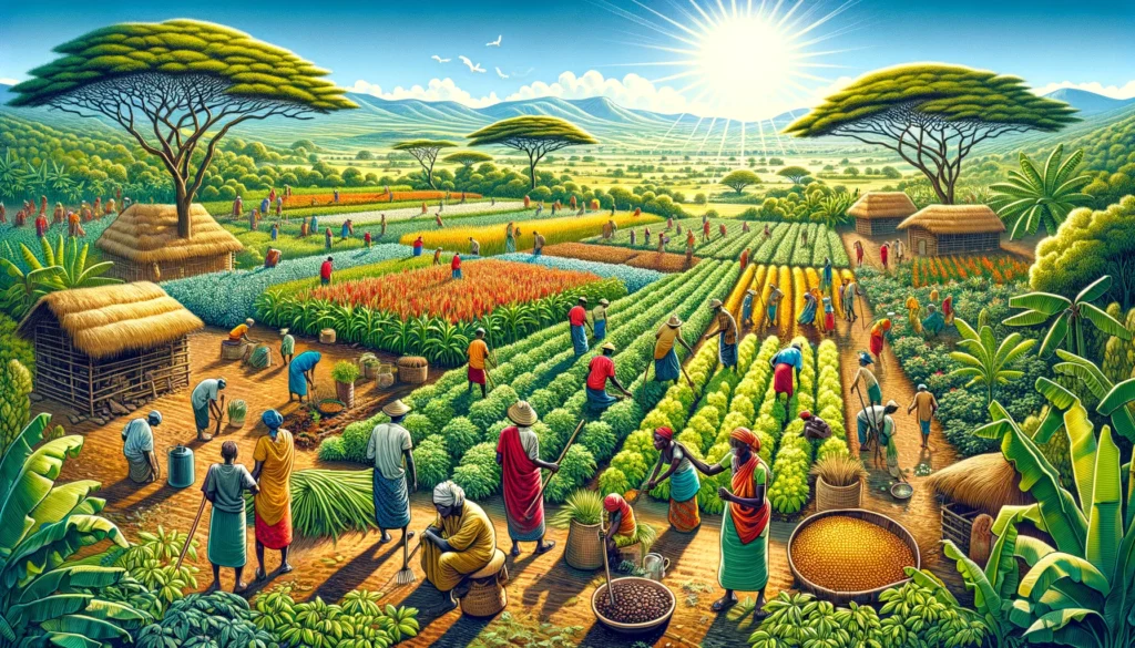 Mwapala Farm - Kenya A vivid and detailed illustration of farming and agriculture in Africa, focusing on a wide aspect closeup scene. The image showcases a diver1